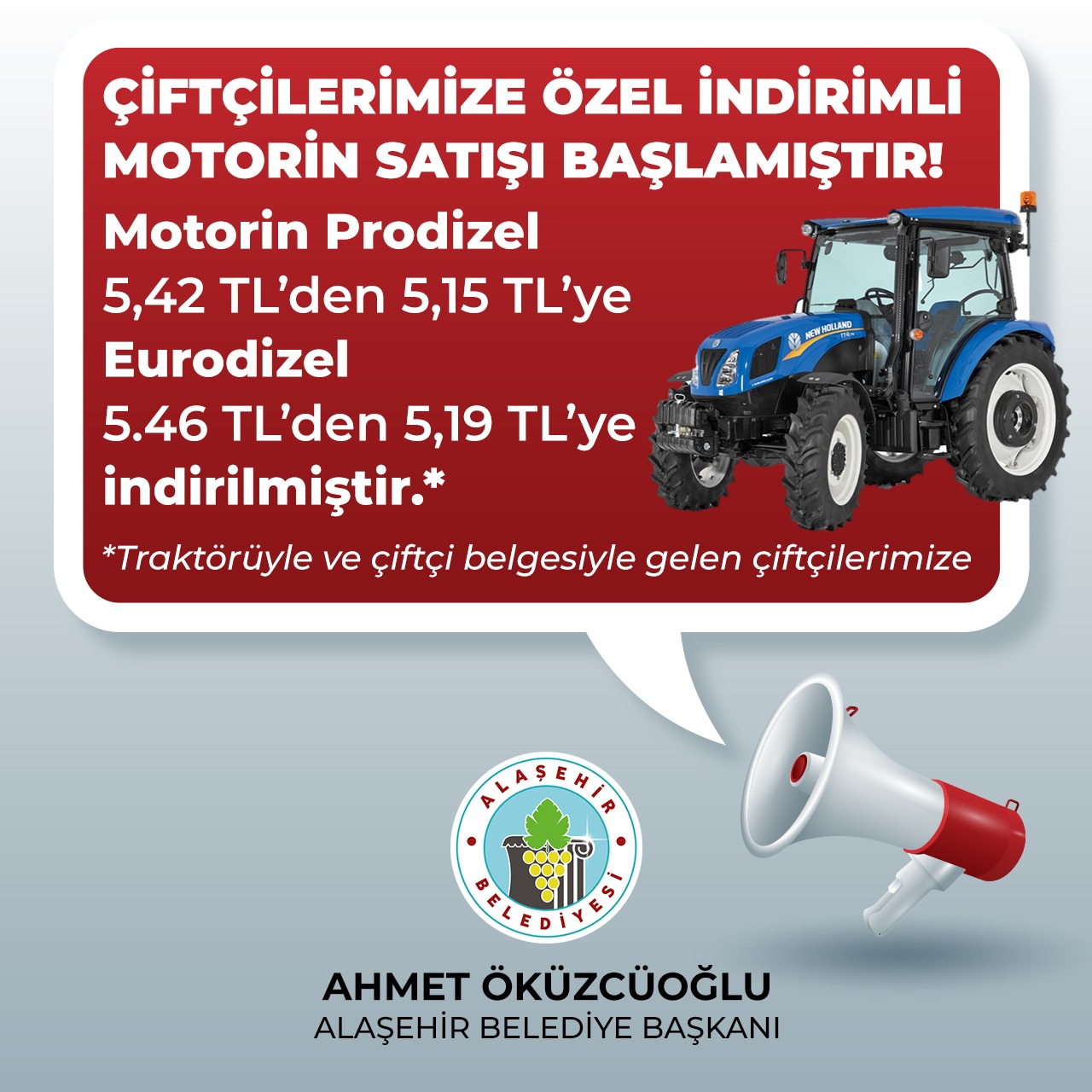 ÇİFTÇİLERİMİZE ÖZEL İNDİRİMLİ MOTORİN SATIŞI BAŞLAMIŞTIR